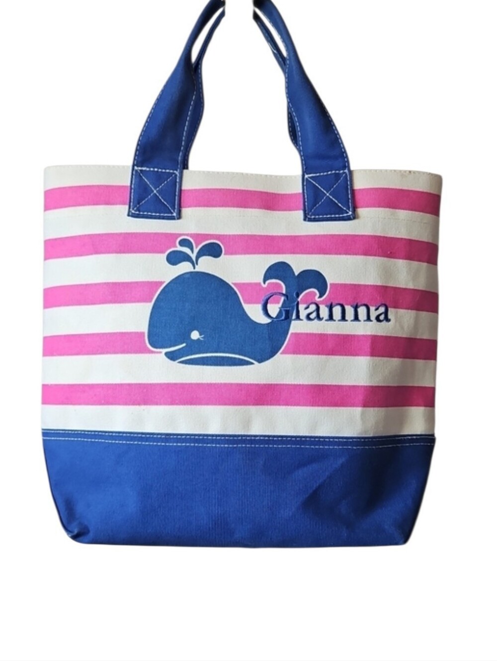 Pottery Barn Kids Personalized Blue & Pink Striped Canvas Tote Bag GIANNA